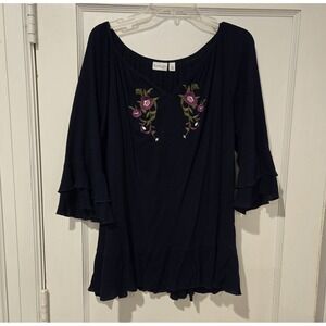 Kim Roger's Curvy Women's Gauzy Tunic Navy w/ Floral Embroidered Design 3X